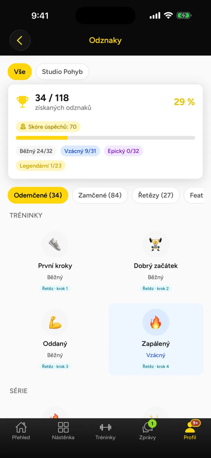 Odznaky a úrovně vzácnosti v aplikaci