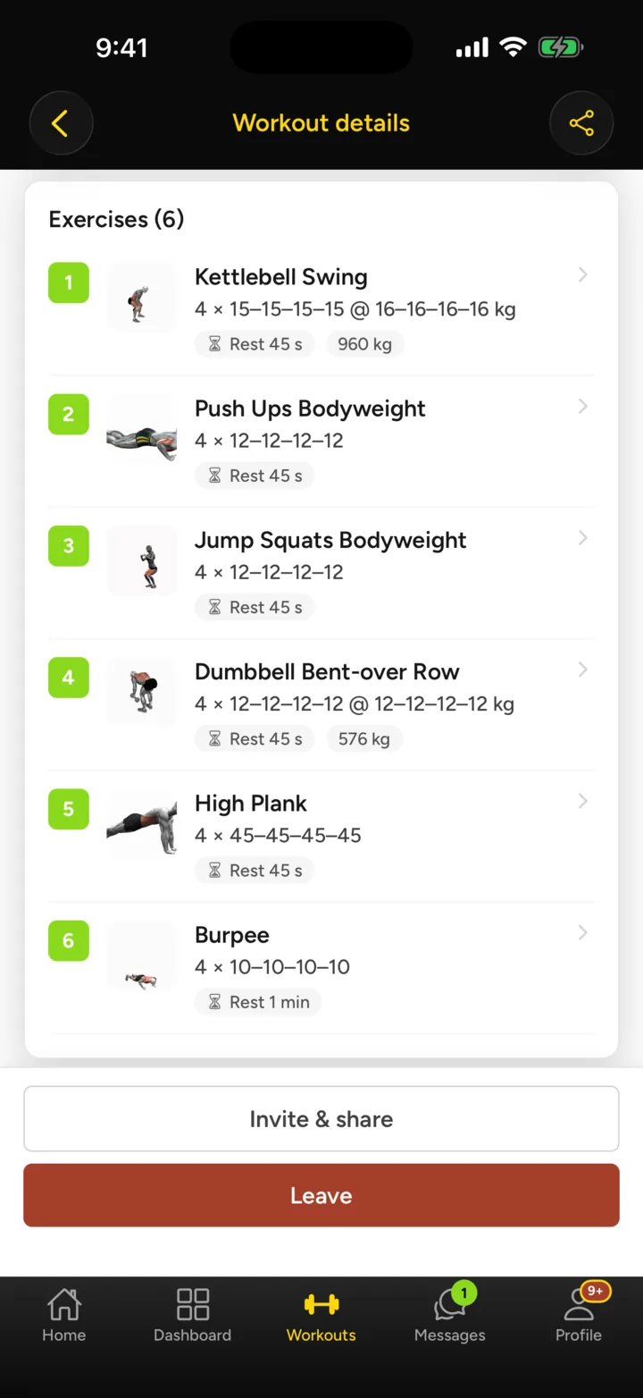 Workout exercises with illustrations in the app