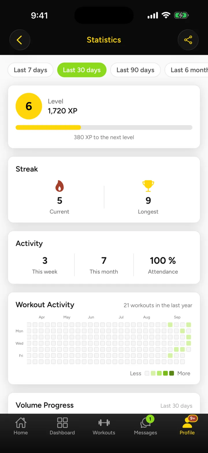 Stats, streaks and activity heatmap in the app