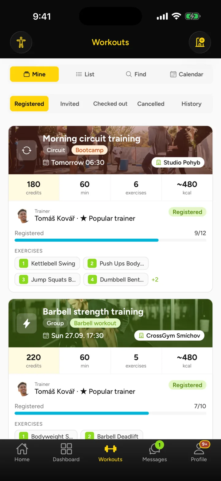 Workout list in the app