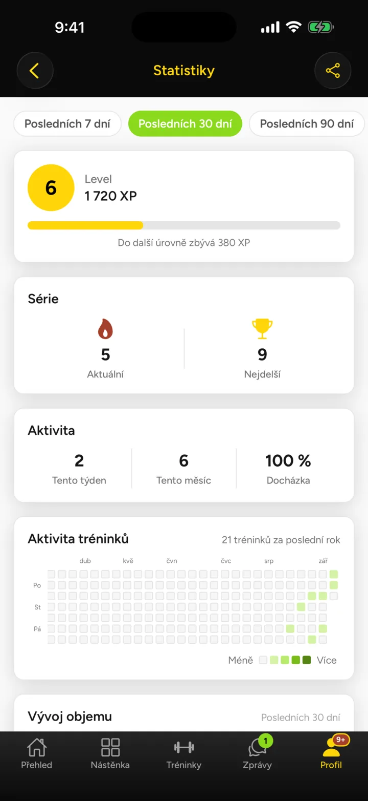 Statistiky, série a heatmapa aktivity v aplikaci
