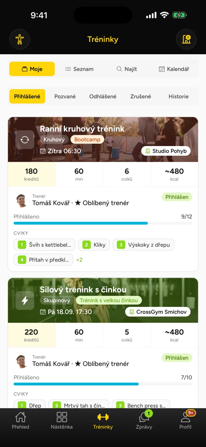 Seznam tréninků v aplikaci